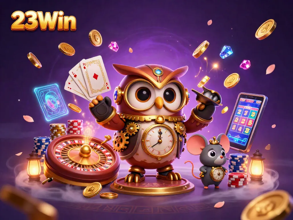 Engage in thrilling casino adventures with 23Win's vibrant 3D owl and mouse illustration.