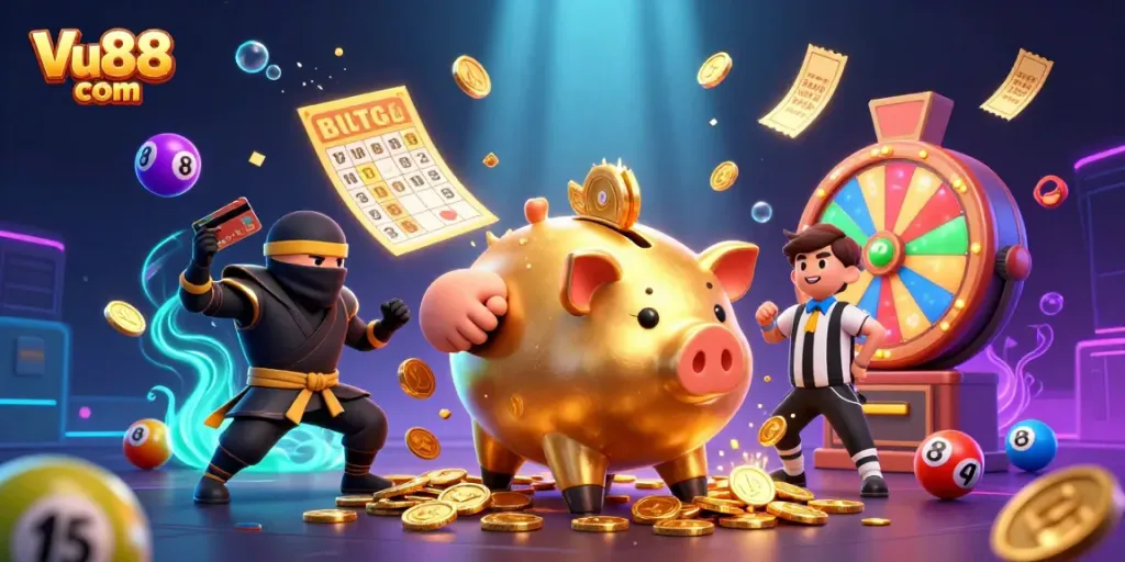 Experience gaming excitement at Vu88 com with vibrant characters and lottery elements in a lively casino scene.
