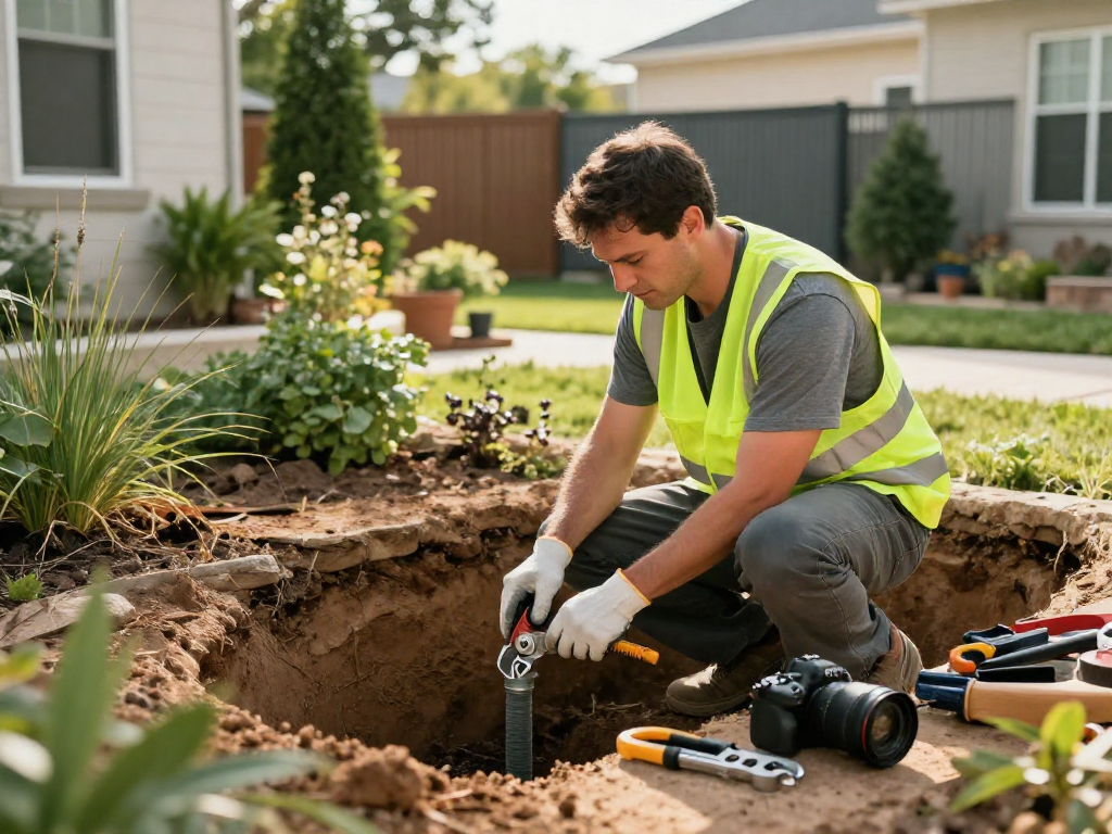 Sewer line service Fort Worth: Professional plumber installing pipes in a well-maintained backyard, emphasizing quality home improvement.