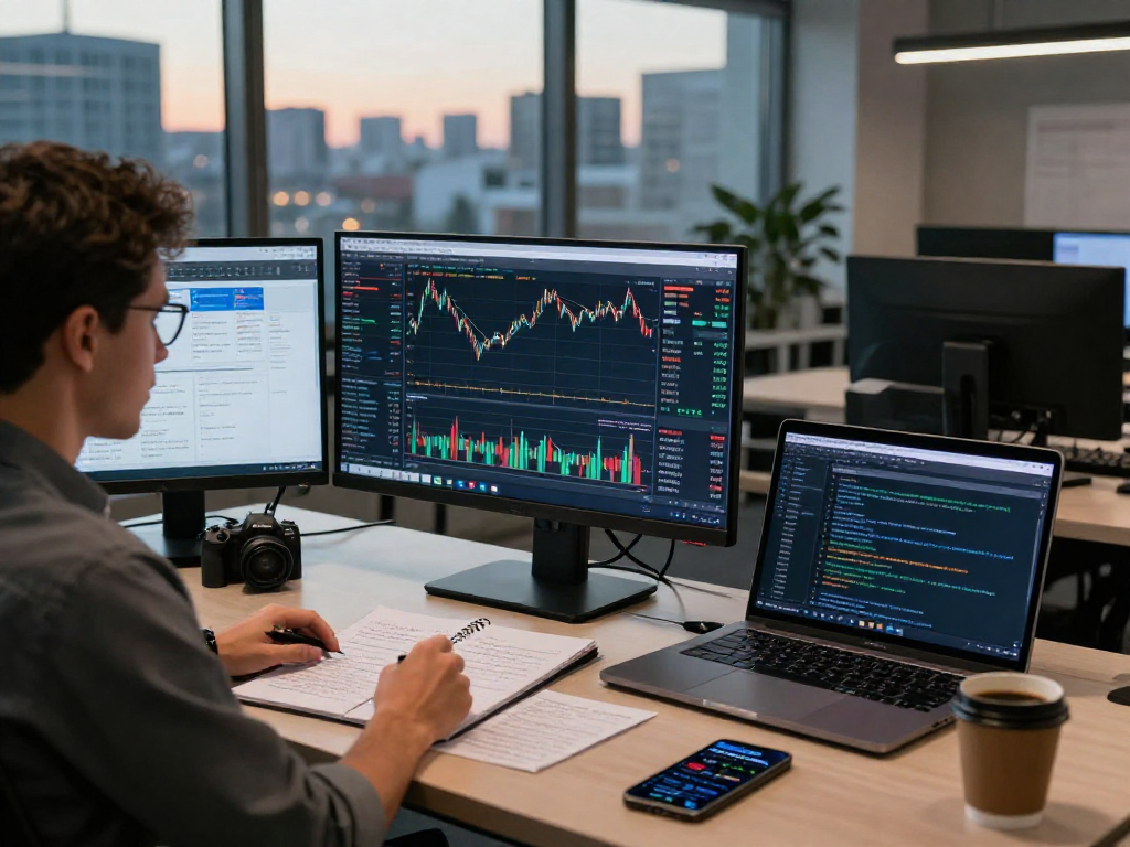 Focused trader analyzing financial charts on MetaTrader 5 platform in modern office.