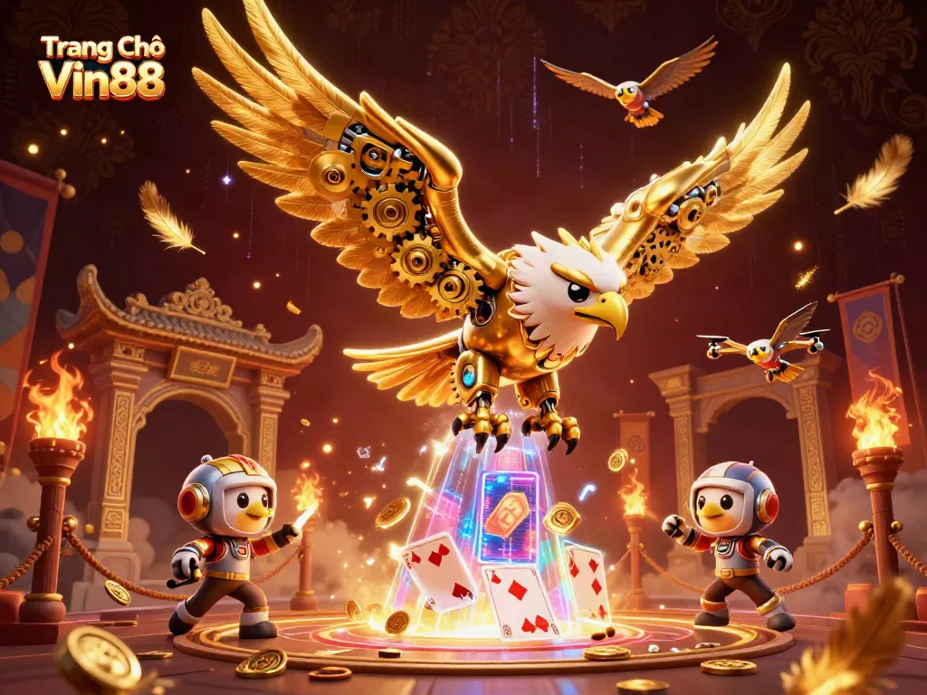 Experience dynamic gameplay at Trang Chủ Vin88 with a cybernetic eagle amidst holographic cards and vibrant casino elements.