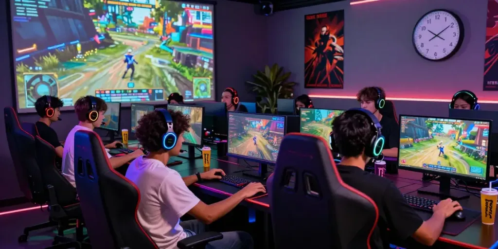 Pengalaman gaming digital dengan vegas168, gamers berinteraksi di platform teknologi tinggi.