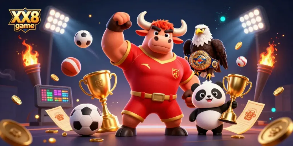 Engage with the excitement of XX8 game through a vibrant 3D casino scene featuring dynamic characters and golden trophies.