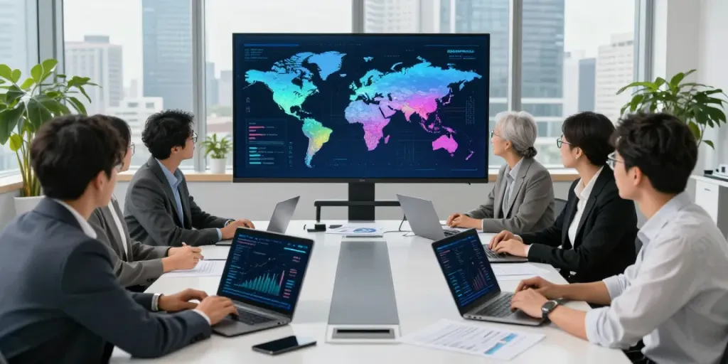 Professionals discussing the biggest insurance companies in the world by assets in a modern boardroom.