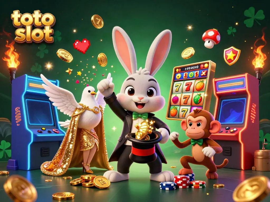 Engage with the vibrant toto slot scene of a magician rabbit, dove, and monkey surrounded by casino game elements.