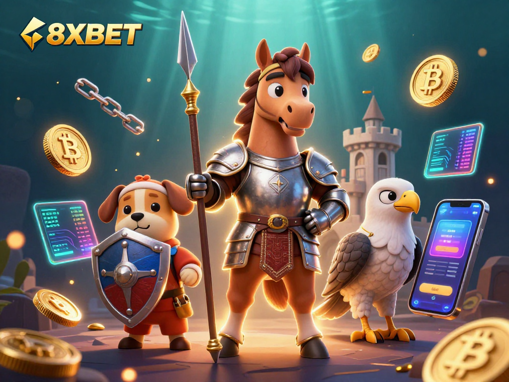 Join the fun at 8XBET with vivid illustrations of knights, crypto coins, and engaging gaming elements.