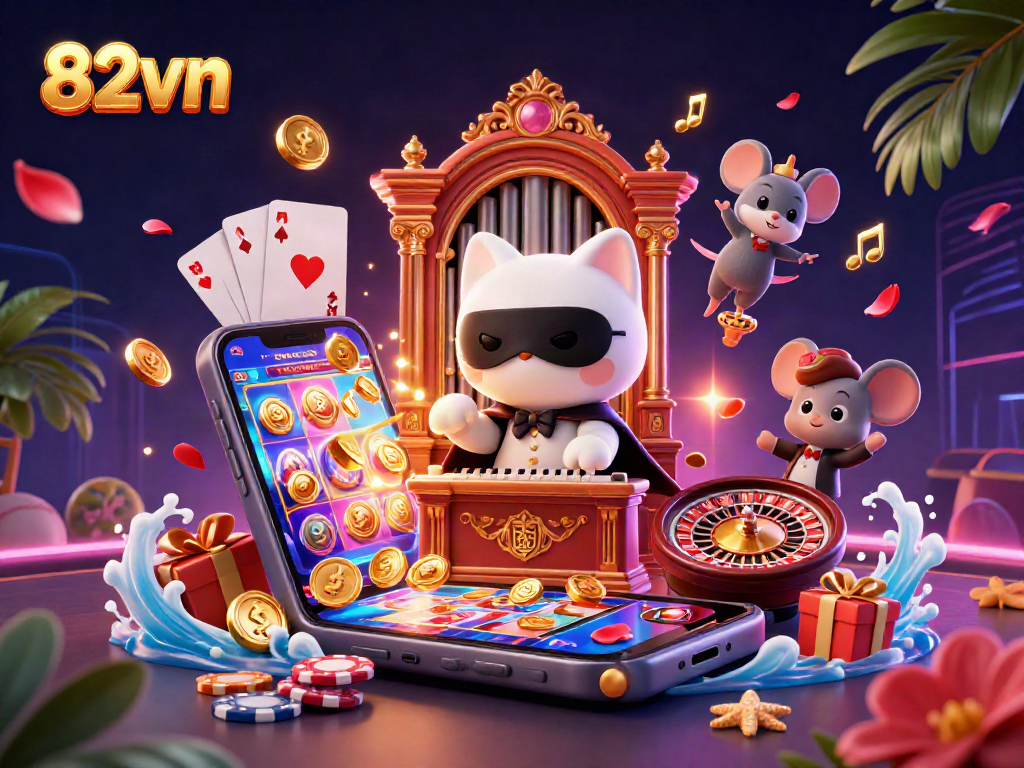 Engage with 82vn's exciting casino scene featuring a dynamic cat organist and acrobat.