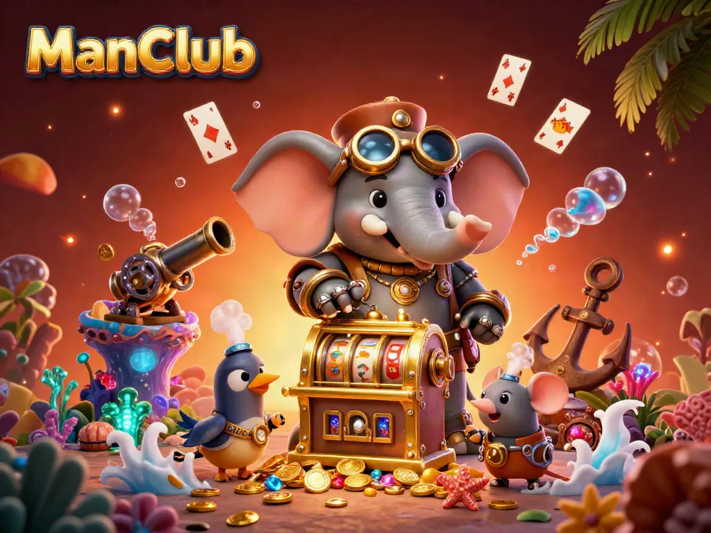 Experience the exciting games at ManClub with a vibrant steampunk casino scene featuring a slot machine.