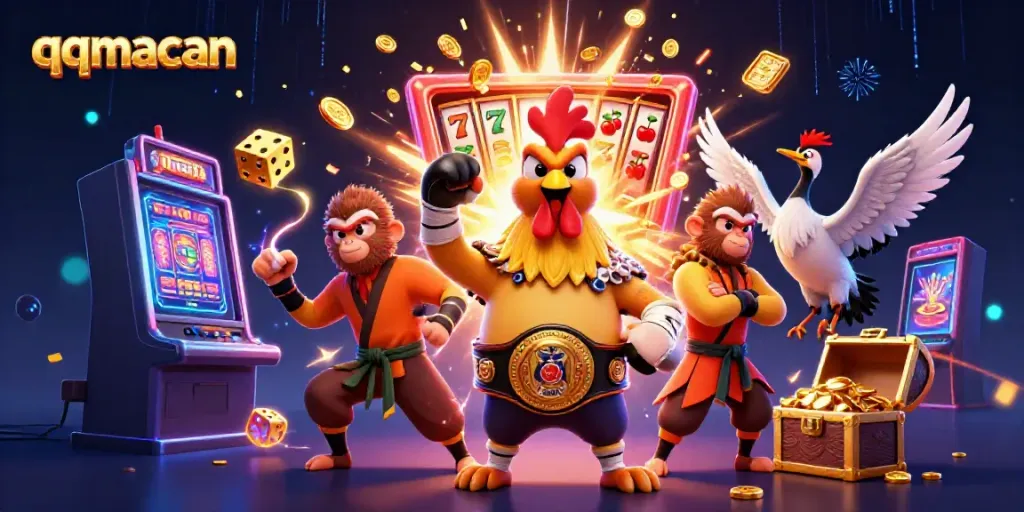 Experience thrilling wins with qqmacan featuring a Muay Thai rooster, Shaolin monkey, and a crane master in vibrant casino art.