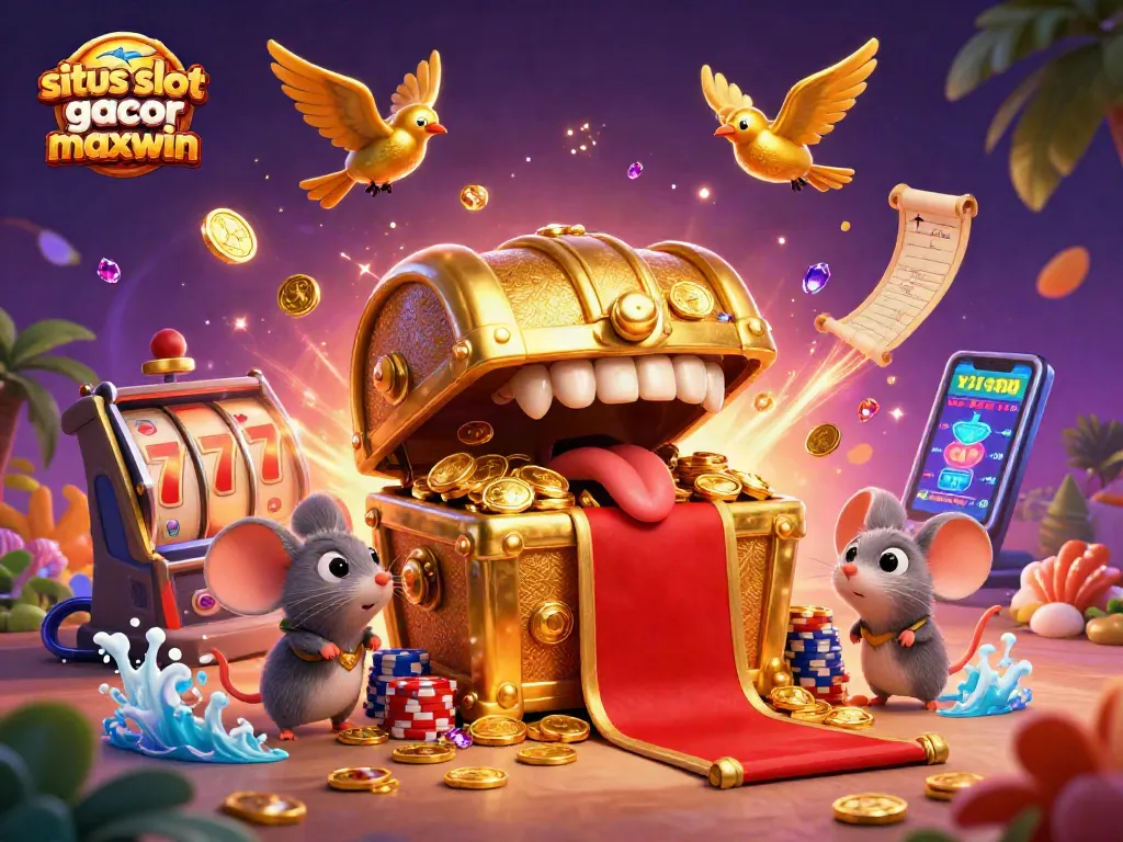 Situs slot gacor maxwin showcases a dynamic casino scene with a treasure chest, mice, and cascading coins.
