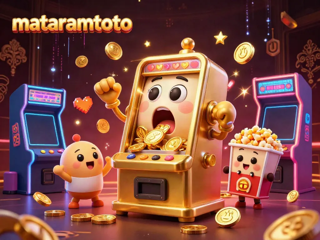 Experience the excitement of mataramtoto as a golden slot machine hits the jackpot with coins pouring out.