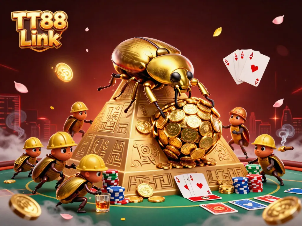 Engage with TT88 Link through an immersive casino experience featuring dynamic beetles and golden coins.