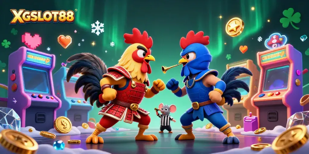 XGSLOT88 menghadirkan duel epik antara ayam jantan Samurai dan Ninja dalam suasana kasino yang berwarna-warni