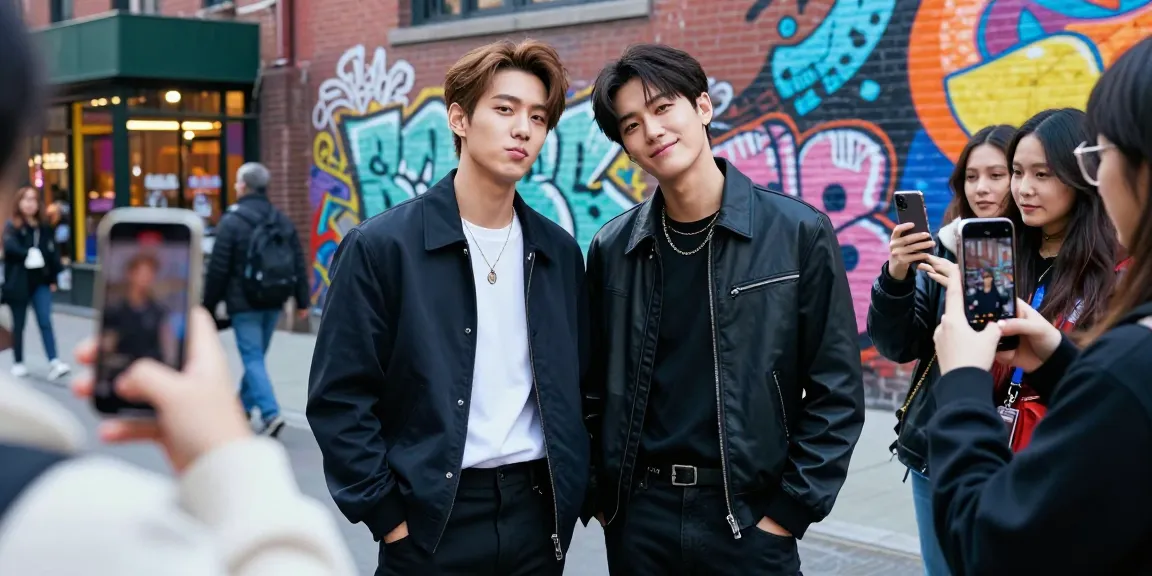 Two celebrities that look alike posing in a vibrant urban setting, showcasing their resemblance in style and features amid city life.