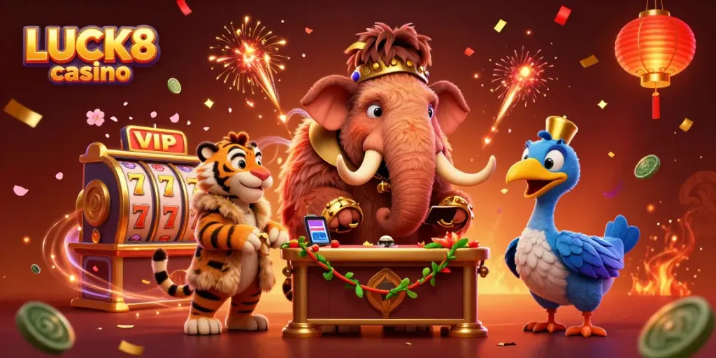 Engage with the excitement of LUCK8 casino featuring 3D characters including a mammoth bouncer, a saber-tooth tiger, and a dodo bird doorman.