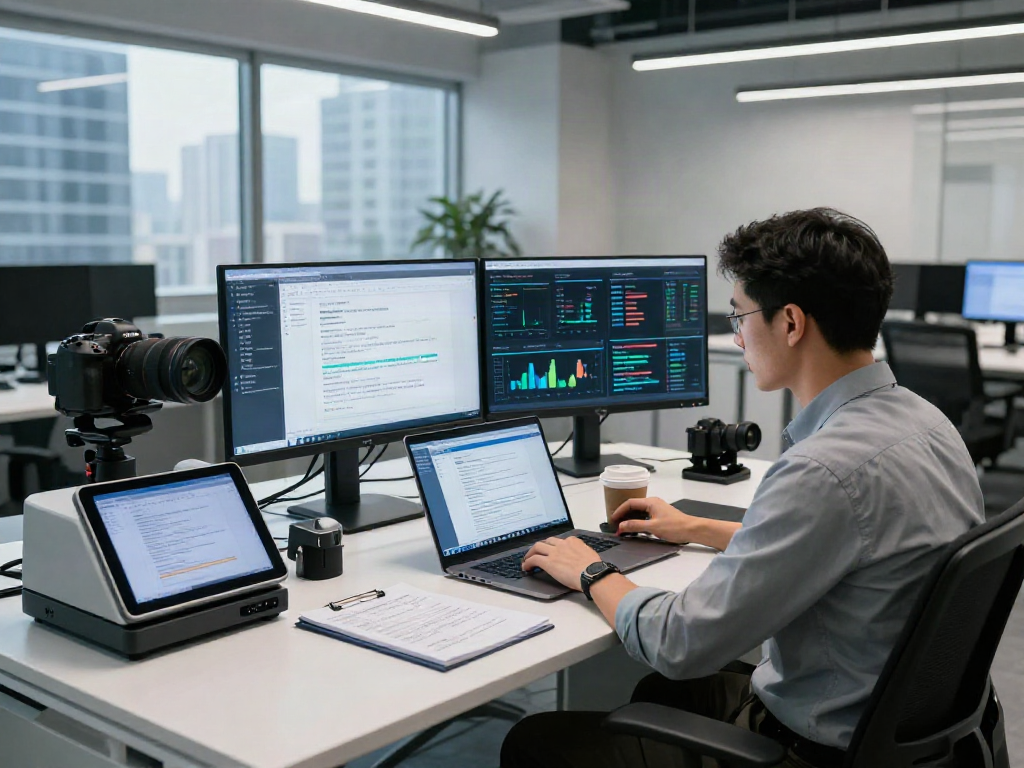 Cybersecurity expert analyzing document fraud detection software with real-time data insights and office environment.