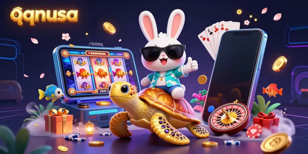 Play vibrant slots at qqnusa with a lucky rabbit and golden turtle surrounded by games.