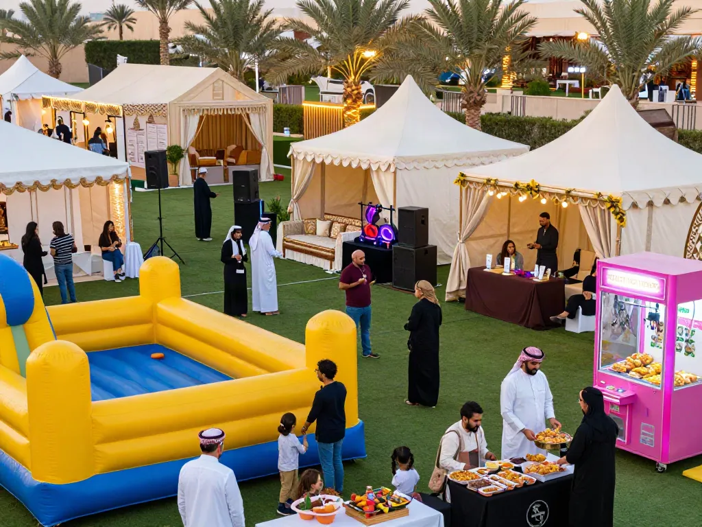 Event rentals showcase vibrant outdoor festival with luxury tents, game attractions, and lively atmosphere in Saudi Arabia.