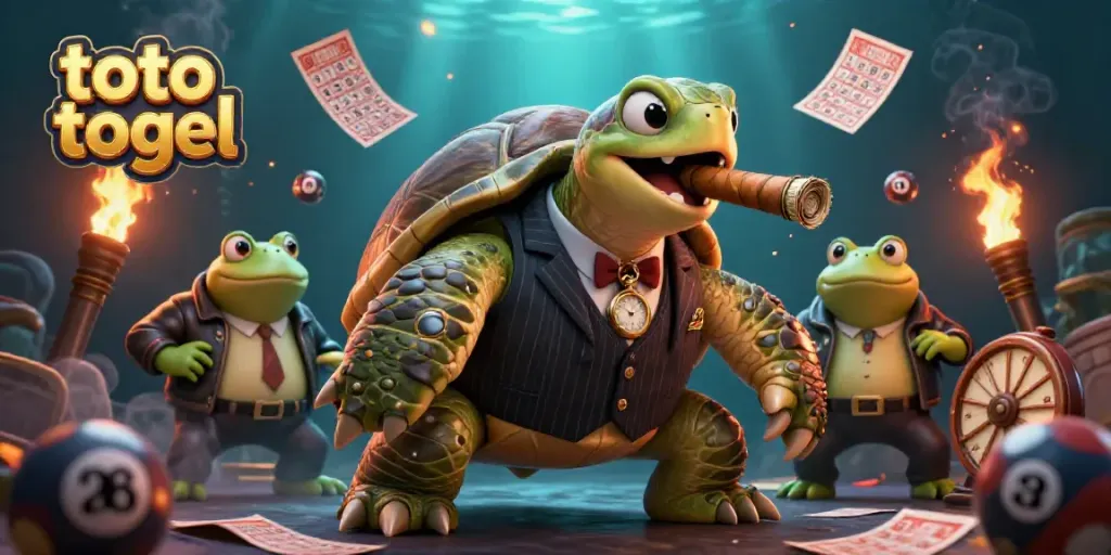 Engage in toto togel excitement with a 3D cartoon snapping turtle mobster, lively lottery elements, and a vibrant casino atmosphere.