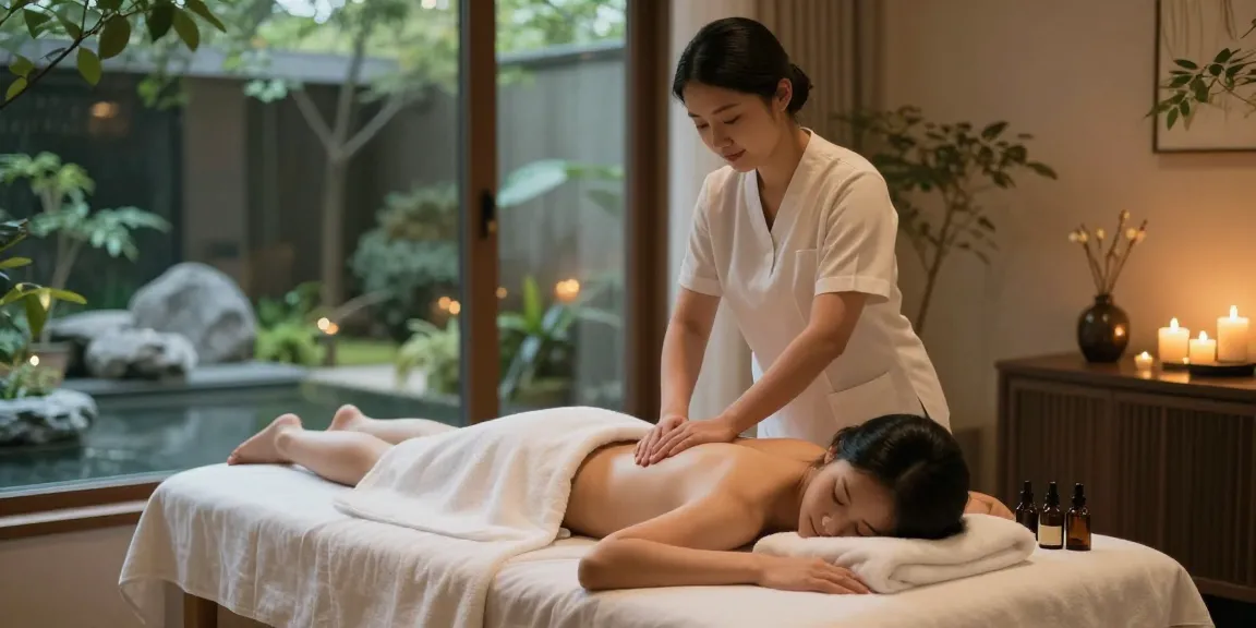 Massage therapist providing a 용인출장마사지 in a tranquil spa setting surrounded by calming elements.