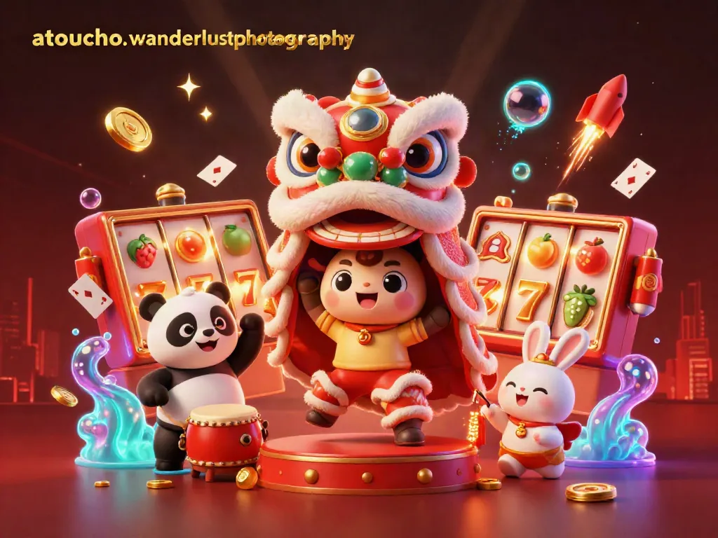 Engage with atouchofwanderlustphotography's dynamic casino scene featuring a lion dance amidst vibrant gaming elements.