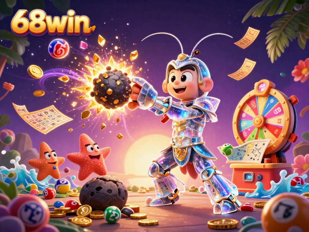 Join the excitement at 68win with vibrant lottery elements and rewards in a stunning scene.