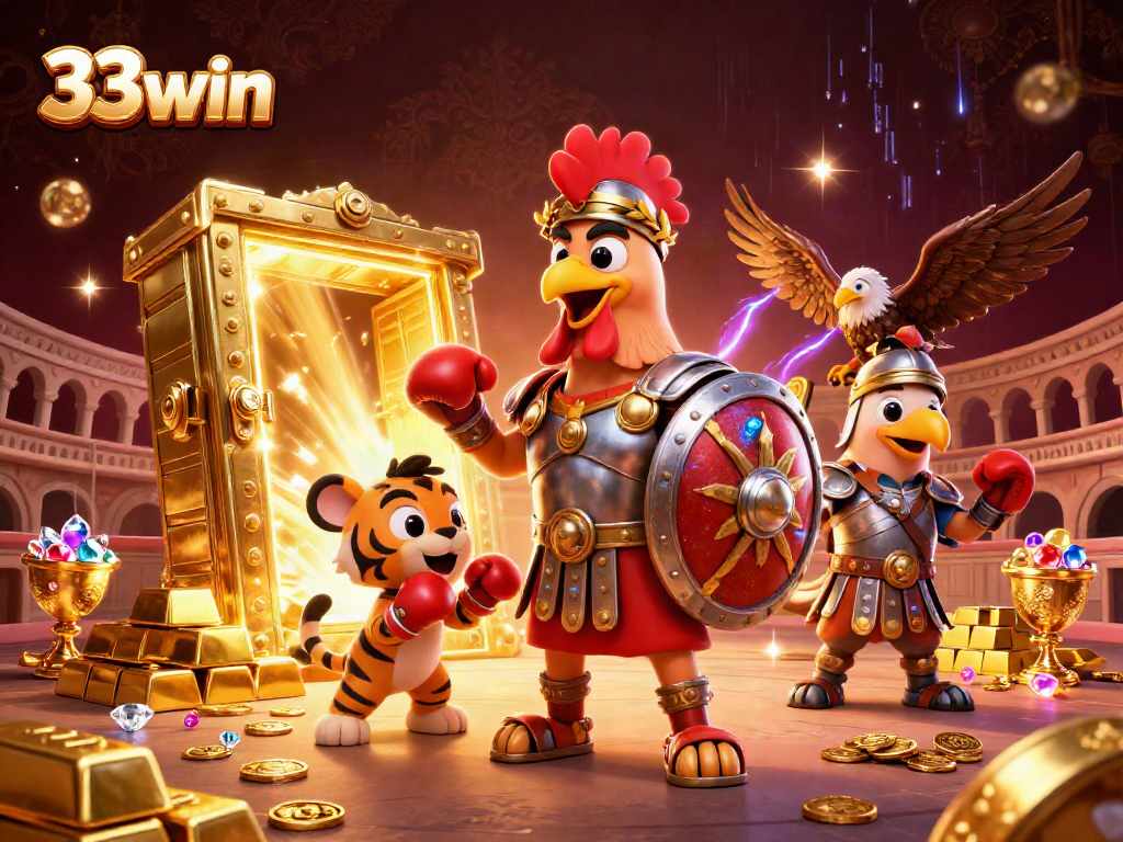 Engage in epic 33win adventures with a gladiator rooster and treasures bursting forth!