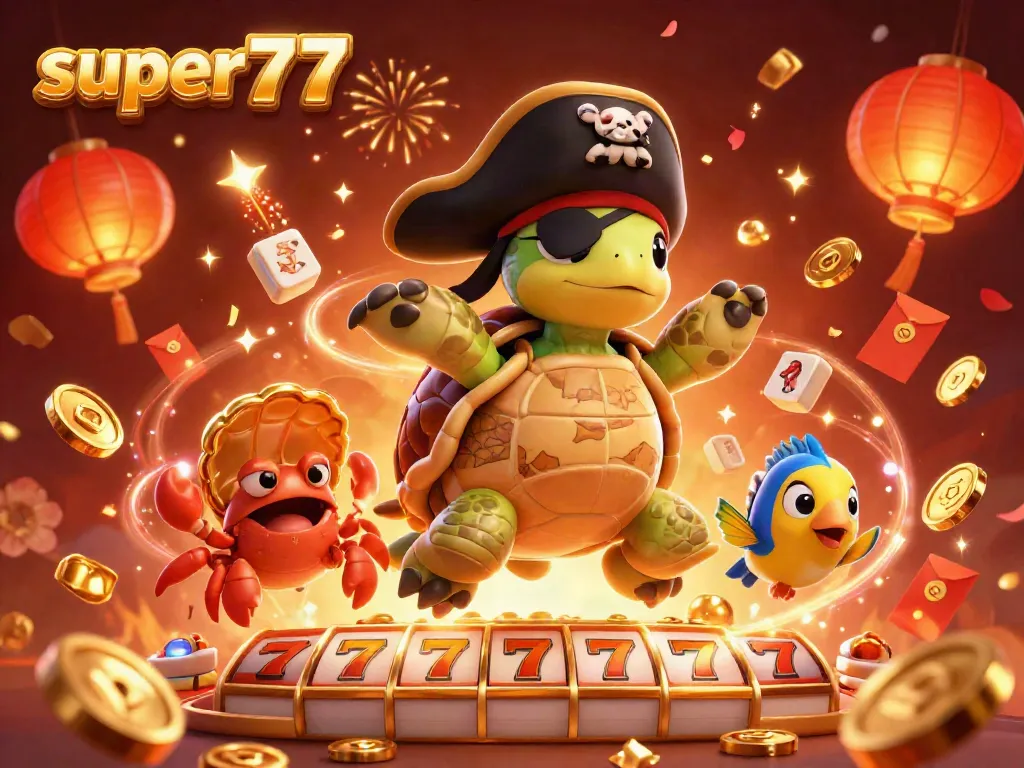 Experience the thrill of super77 with a pirate turtle and friends amidst vibrant slot reels and treasures.