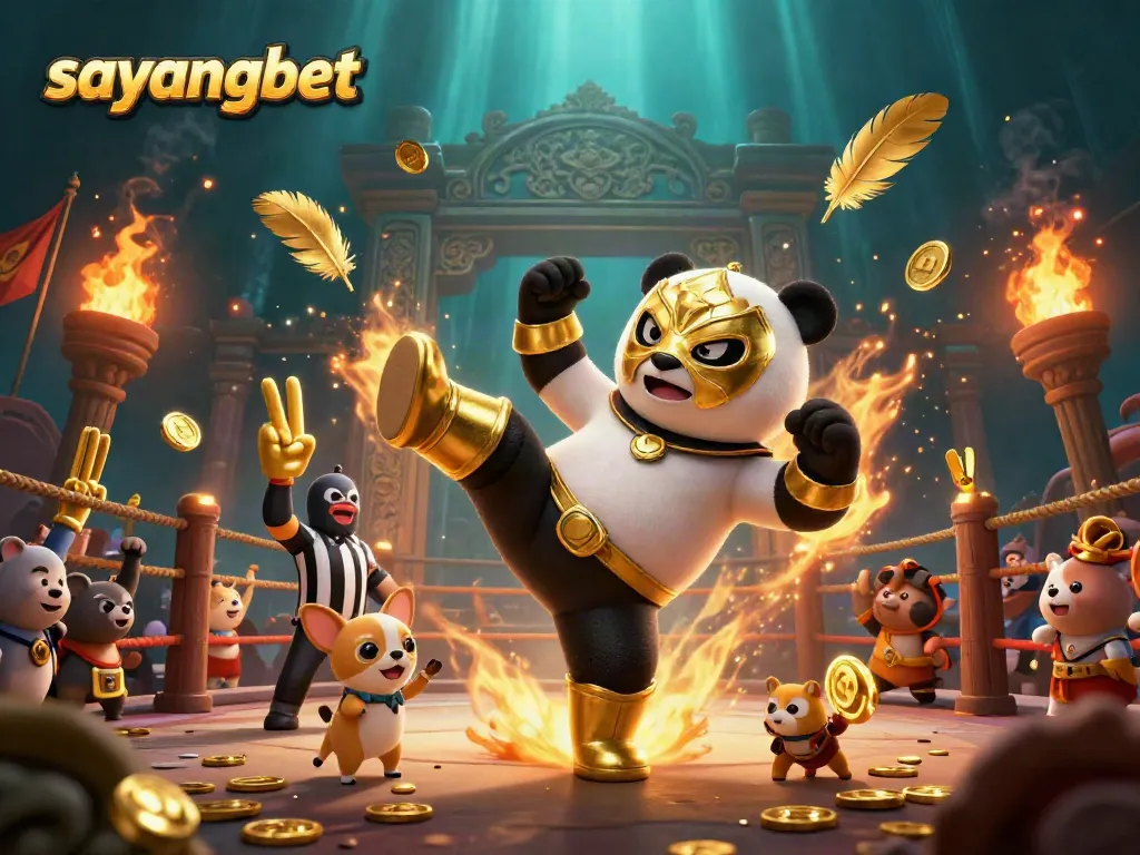 Experience thrilling action with sayangbet as a panda wrestler performs a flying kick in an excited arena.