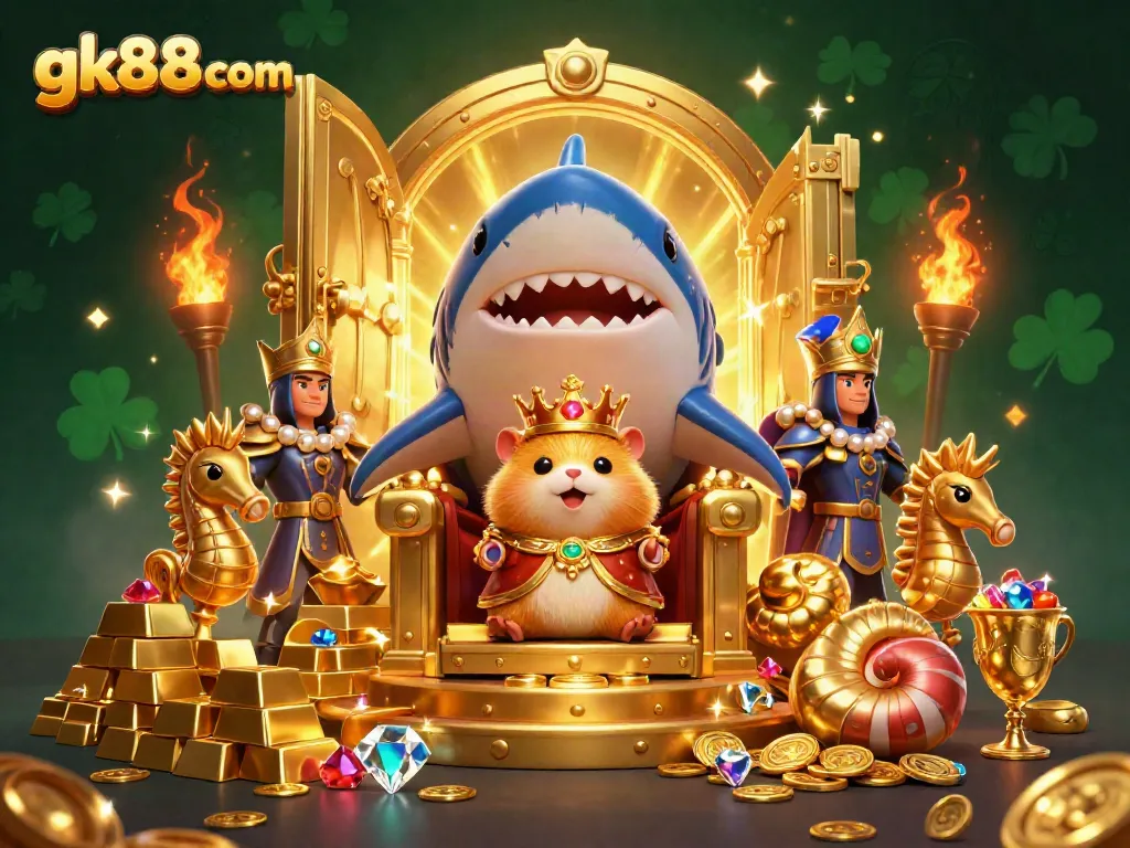Experience the thrill of gk88 com with a golden hamster king presiding over treasures in a dynamic casino setting.