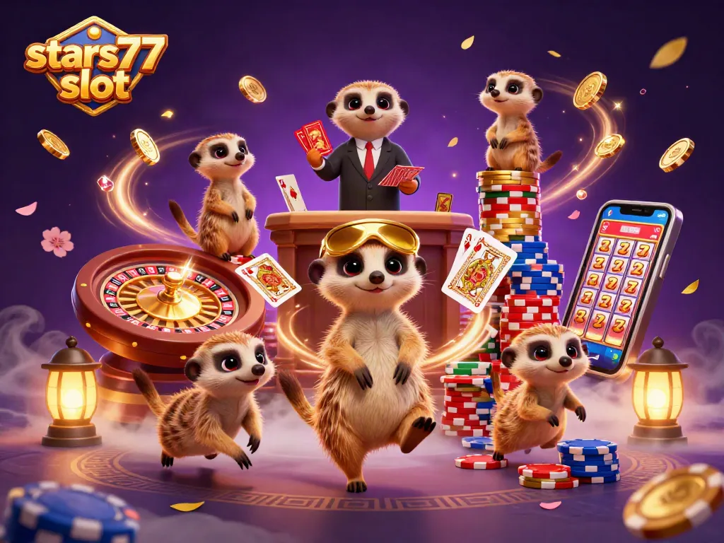 Permainan slot di stars77 slot dengan karakter meerkat yang sedang beraksi.