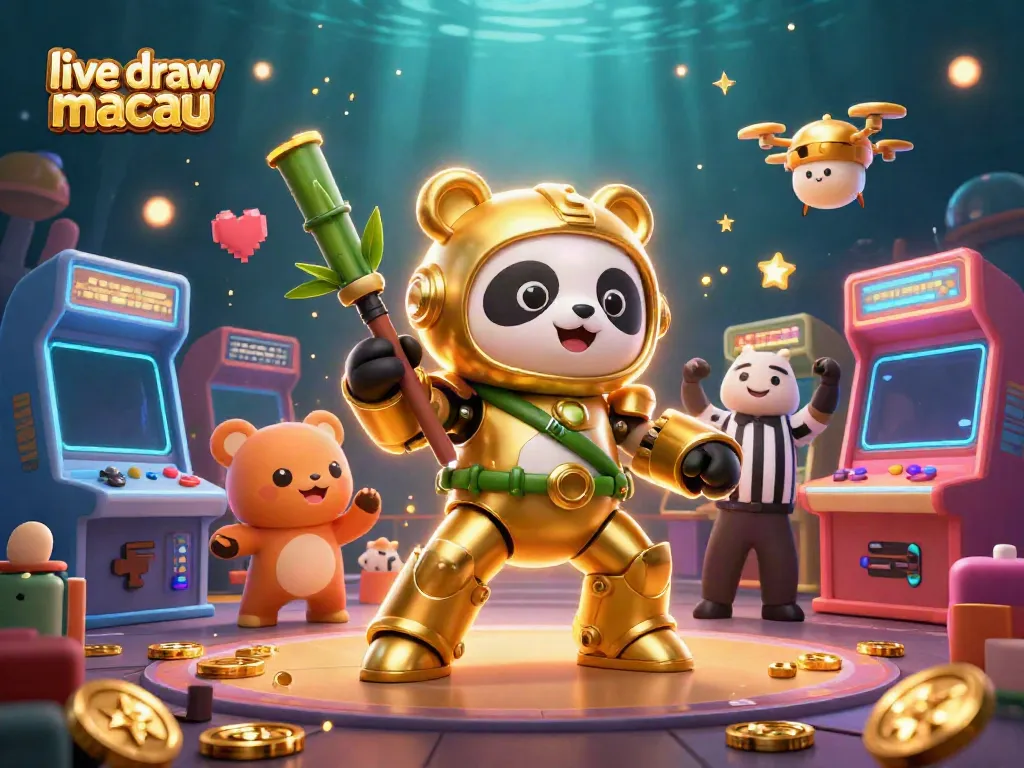 Menariknya live draw macau dengan ilustrasi kasino 3D yang penuh warna dan elemen bertema arcade.