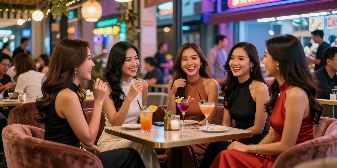 Cảnh tượng sống động của gái gọi đang trò chuyện tại quán cà phê sang trọng, ánh đèn neon tạo không khí năng động.