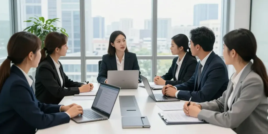 Ontario lawyer Karen McCleave discussing legal strategies with her team in a modern office.