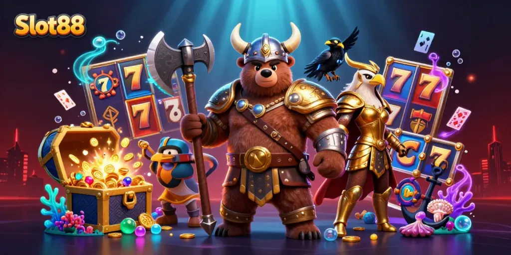 Experience the thrill of Slot88 with dynamic characters and vibrant casino elements in this engaging illustration.