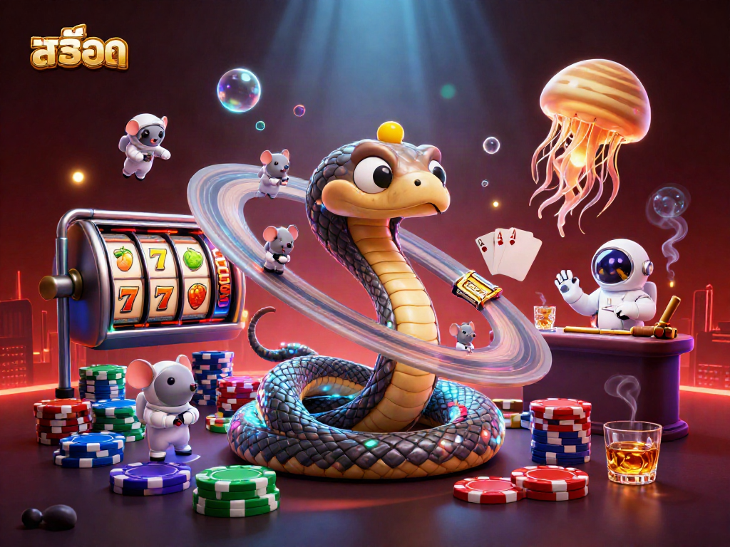 Spin the สล็อต reels while astronaut mice bet in a cosmic casino scene.