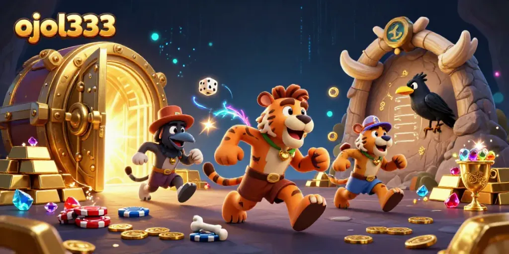 Experience the thrill with ojol333 in this vibrant prehistoric casino scene, featuring dynamic gaming elements.