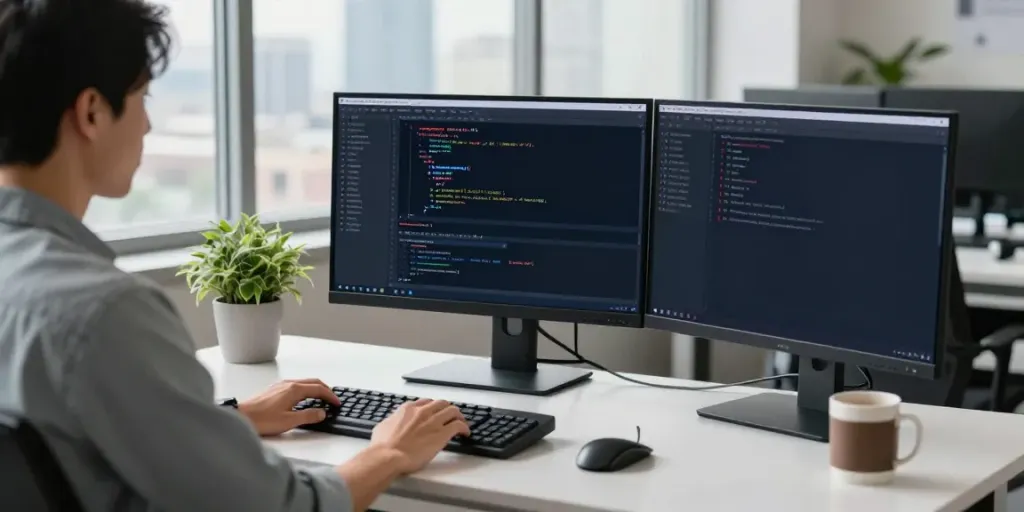 Developer integrating OpenAI-compatible API in a modern workspace with dual monitors.