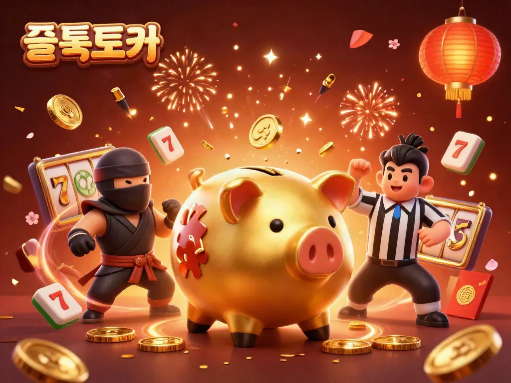 Experience thrilling online slots with 슬롯토커 as golden piggy bank sumo wrestlers stomp and scatter coins.