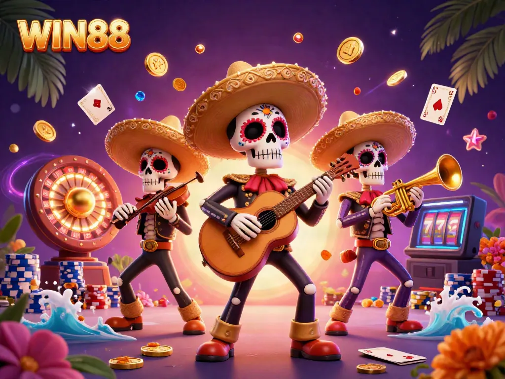 Experience the vibrant WIN88 action with a Day of the Dead mariachi band amidst cascading casino elements.