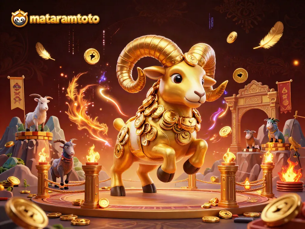 Experience the thrilling mataramtoto scene with a golden ram charging through a dynamic betting arena.