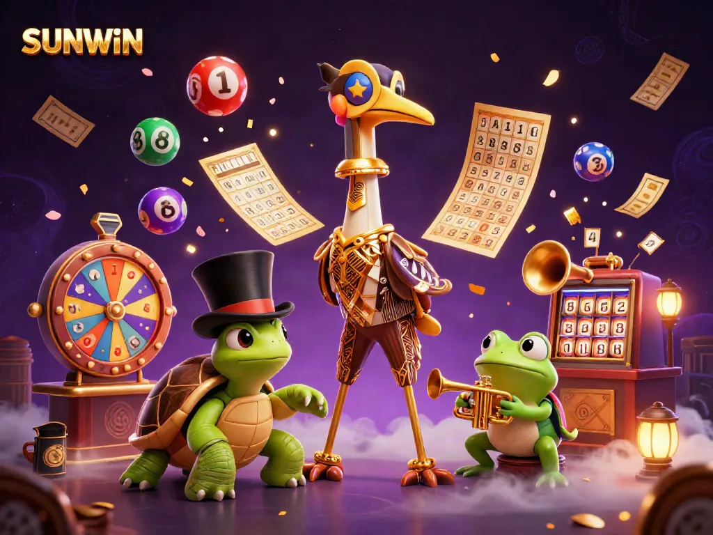 SUNWIN’s dynamic 3D casino illustration features a crane, turtle, and frog surrounded by vibrant gaming elements.