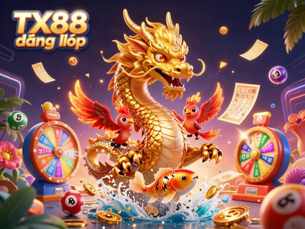 Engage with the vibrant world of TX88 đăng nhập as a golden dragon, phoenix, and koi fish dance amidst floating lottery elements.
