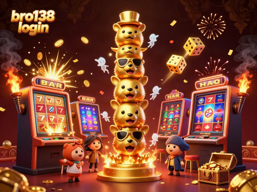 Experience thrilling wins with bro138 login, showcasing vibrant games and golden totem pole in a dynamic casino scene.