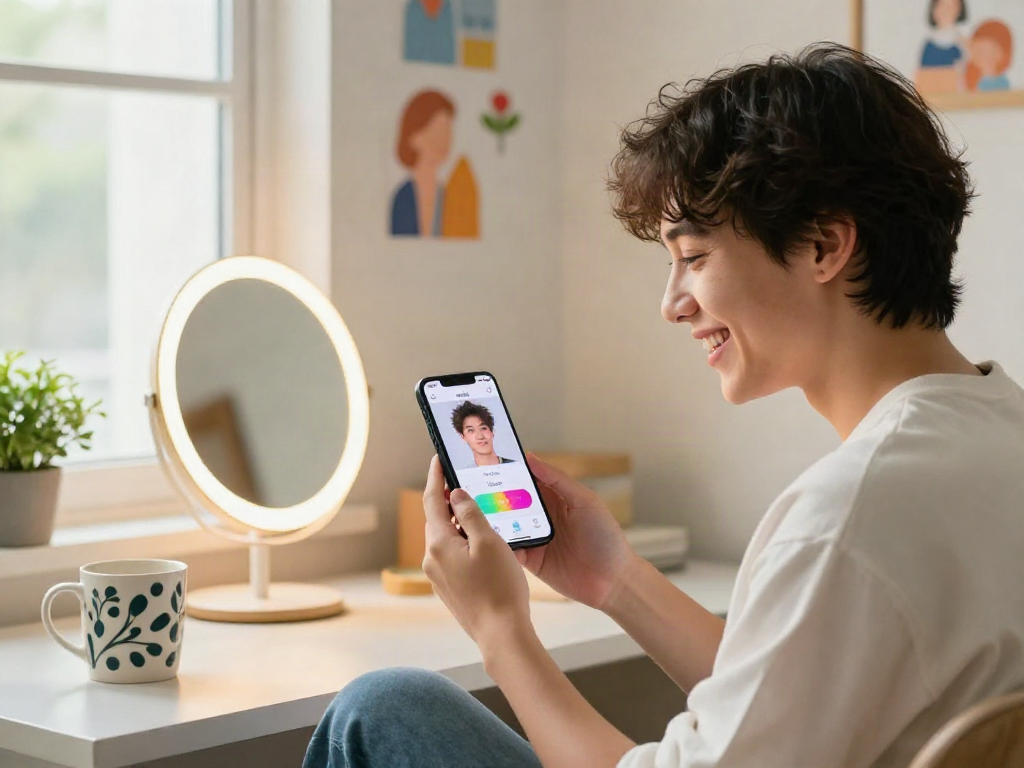 Playful young adult using an app to find out how old do I look with engaging facial recognition interface.