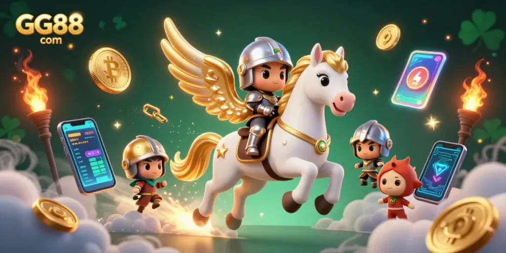 Experience thrilling gameplay at GG88 com with a celestial knight, vibrant crypto elements, and a captivating casino atmosphere.