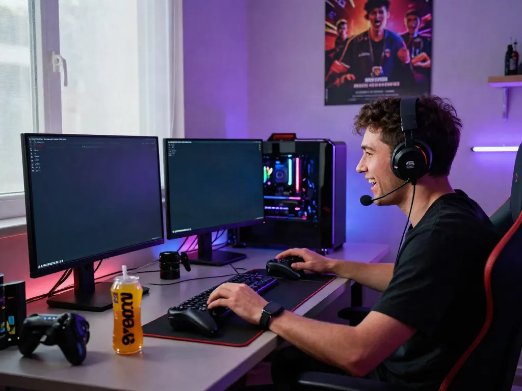 Gamer at a modern desk with qqmacan interface on the screen, showcasing an immersive gaming atmosphere.