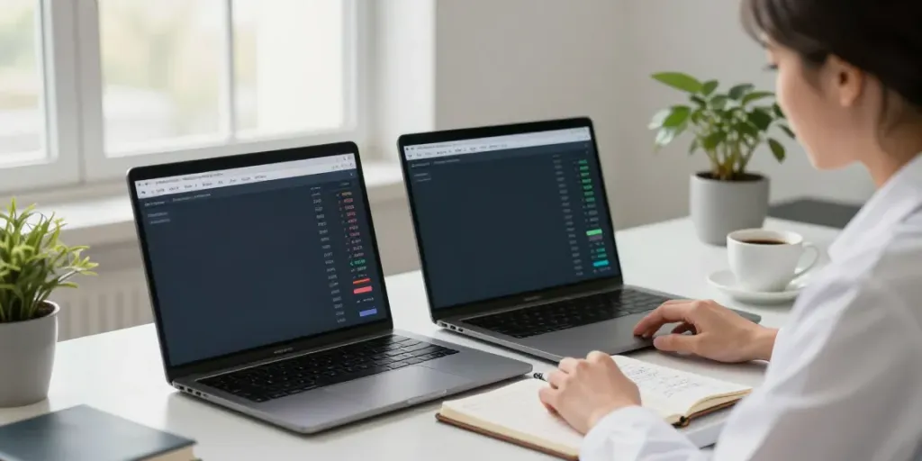 Compare peptide prices in a modern digital workspace with a researcher analyzing data on dual monitors.