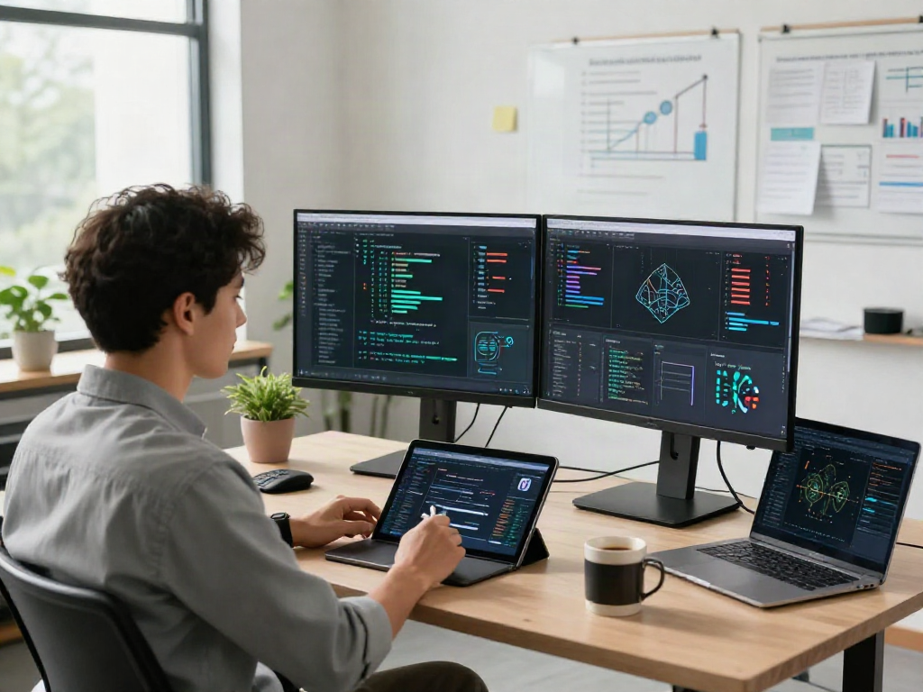 AI Detector workspace with a data scientist analyzing AI-generated images on dual monitors, showcasing technology and innovation.