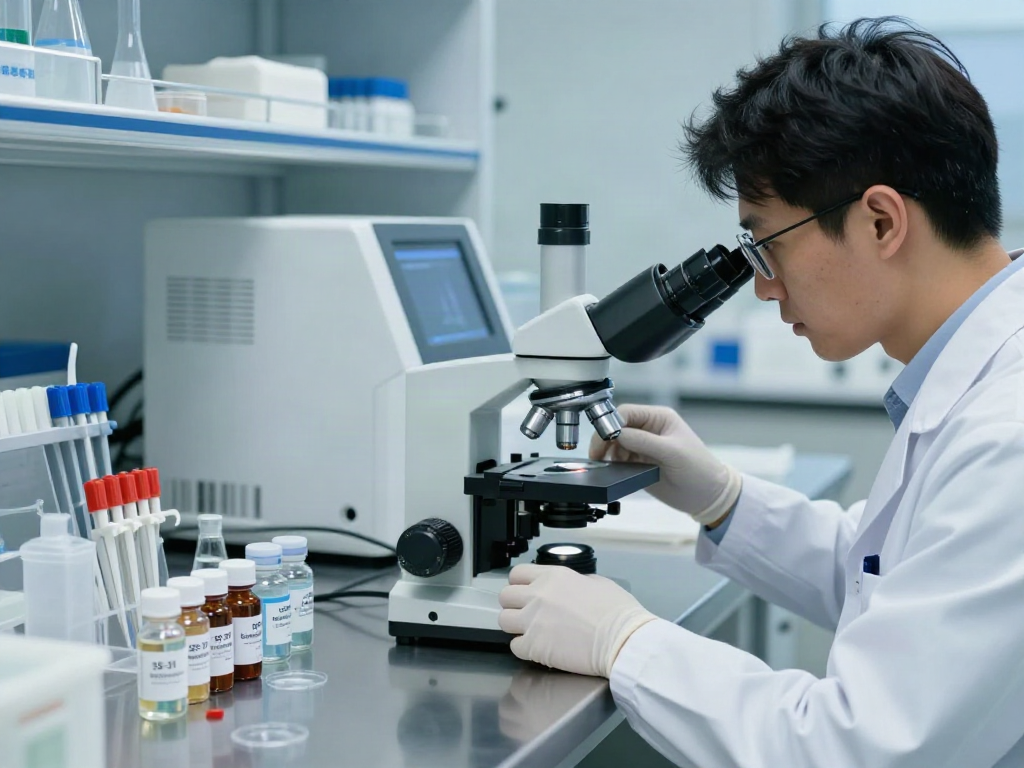Researcher examining SS-31 Elamipretide samples in a professional lab setting.